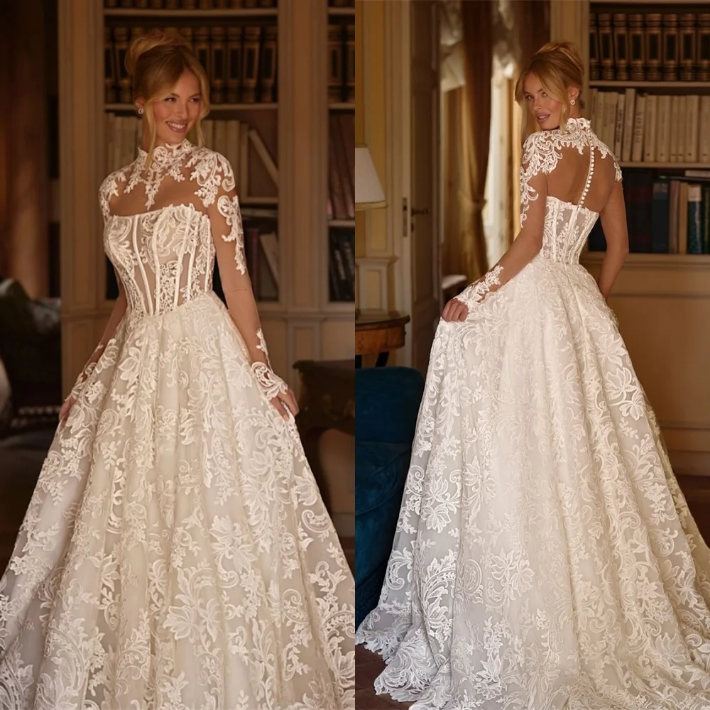 

Customized White Lace Bridal Gowns Temperament Crew Neck Long Sleeves Wedding Dresses Chapel Train Buttons Back A-Line Dress