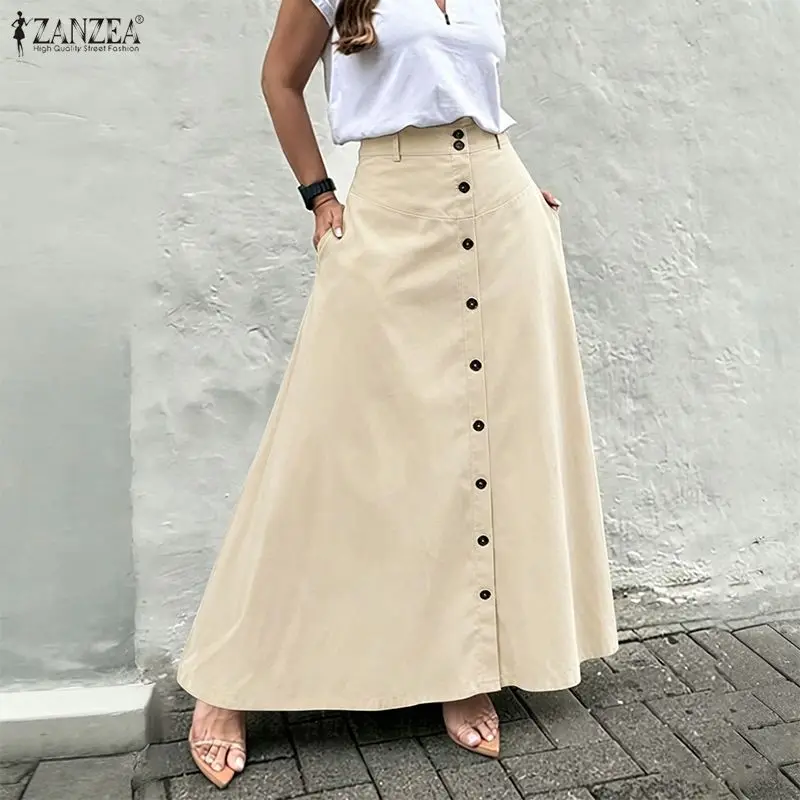 ZANZEA Elegant Women OL Work Skirts Summer A-line Buttons Up Overskirts Solid Maxi Long Skirt Casual Loose Faldas Saia Jupe Robe