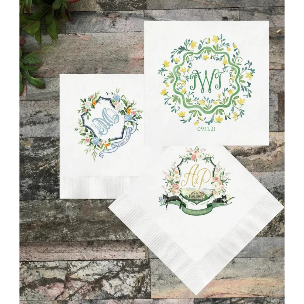 50Pcs Custom Wedding Cocktail Napkins, you provide your artwork! Personalized Cocktail Napkins, White or Ecru printed full color