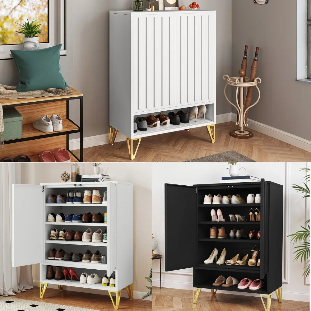 

5-Tier Fluted Steel Shoe Rack Cabinet Fluted Shoe Organizer w/ 2 Doors Entryways