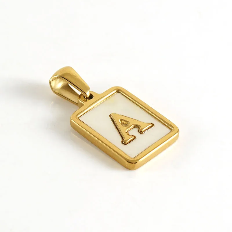 Stainless Steel 18K Gold Plated 26 A-Z Initials Square White Shell Base Pendant for Women Name Necklace