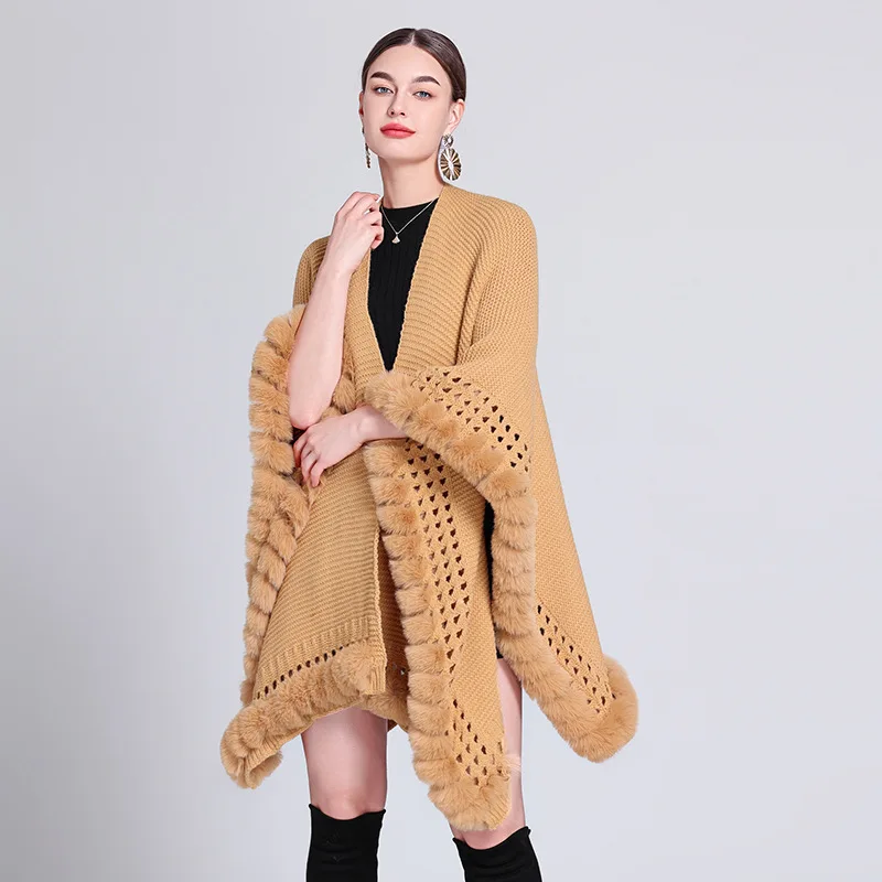 

Autumn Winter Warm Oversize Long Poncho Capes String Faux Fur Hollow Out Knitted Outstreet Shawl Cloak Women Wear Loose Coat