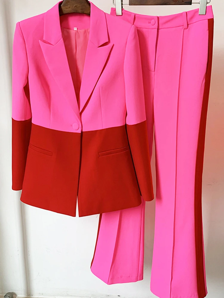 HIGH QUALITY Newest 2024 Star Style Fashion Designer Runway Suit Set Women\'s Single Button Color Block Blazer Flare Pants Suit