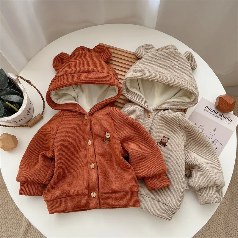 

2024 Autumn Winter Baby Boys Coat Cotton Padded Plus Velvet Thick Hooded Warm Infant Boys Hoodies Toddler Boys Outfits