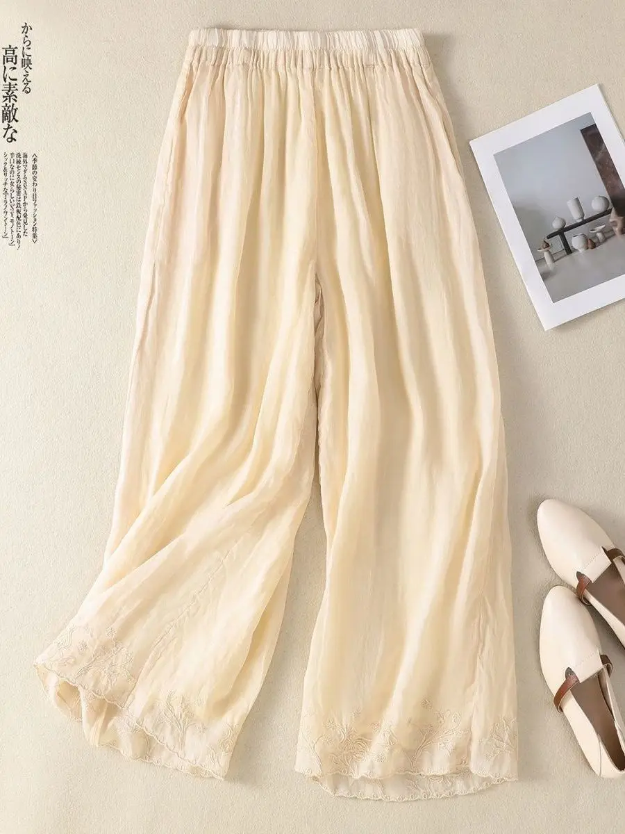 Elegant Embroidered Wide Leg Pants Women's Summer New Style Draped Casual Cotton Linen Straight Leg Trousers High Waist