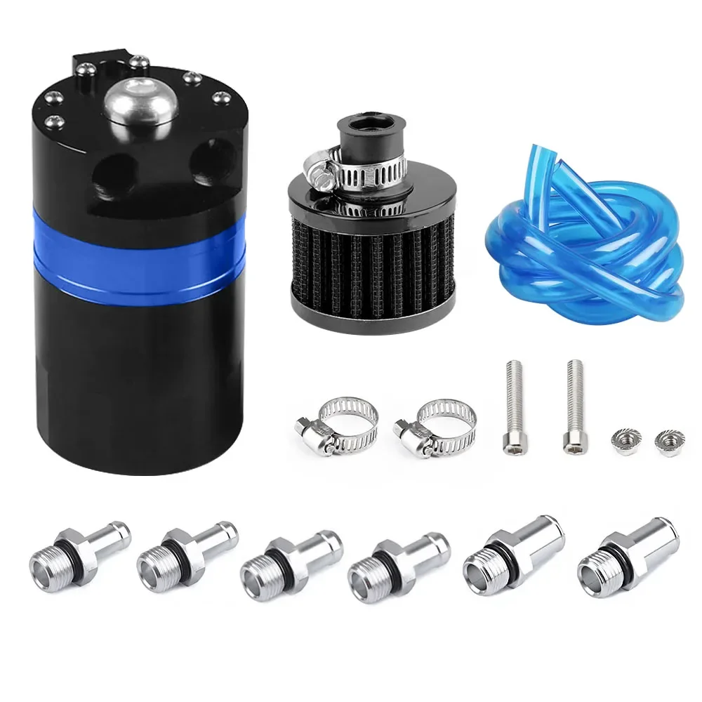 Aluminum Oil Catch Can Tank Breather Reservoir Kit With Filter & 6 Fittings Universal Car Racing Parts