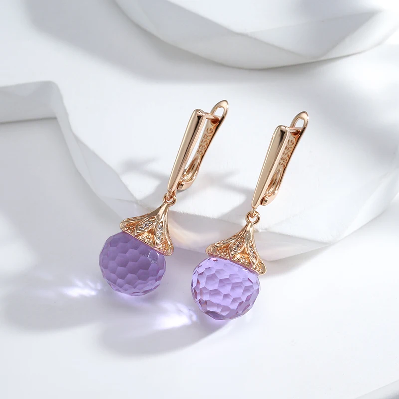 Kinel New Fashion 585 Rose Gold Round Purple Crystal Ball Drop Earrings For Women Wedding Party Luxury Trendy Daily Jewelry