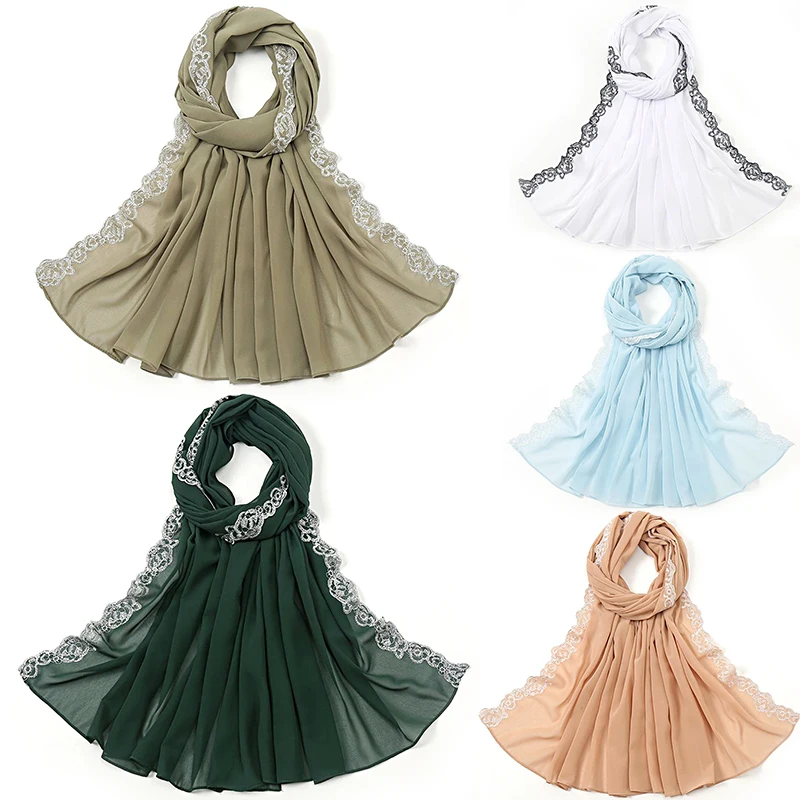 Women Solid Color Scarf Chiffon Hijab Head Wraps Lace Trim Embroidered Lace Shawl Breathable Lightweight Sunscreen Soft