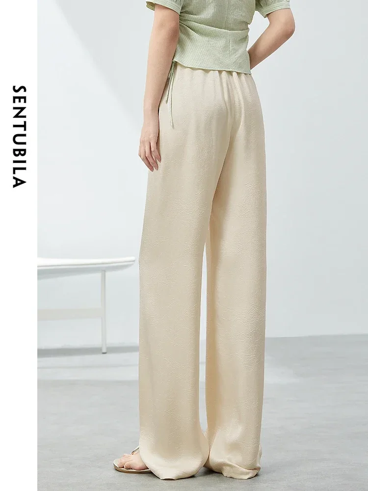 SENTUBILA Texture Folds Casual Pants for Women 2024 Summer Elegant Straight Wide Leg Elastic Waist Female Trousers 142K54454