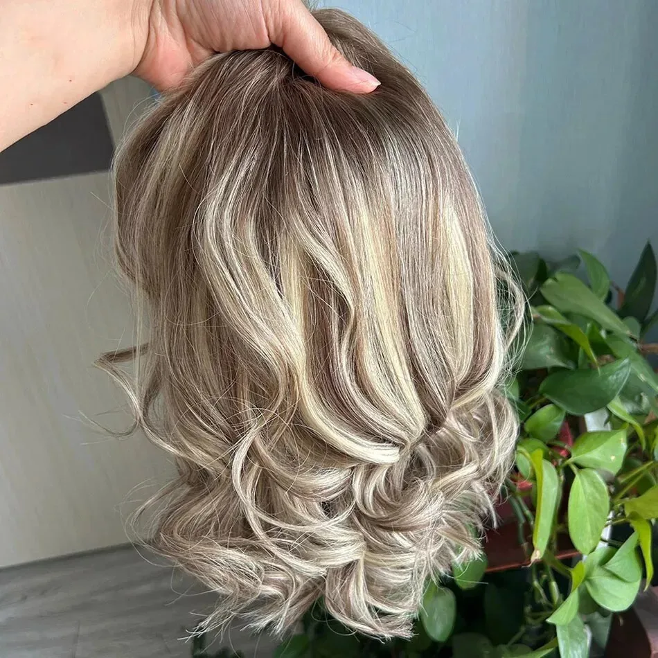 Ash Blonde Balayage Lace Front Human Hair Wig Ombre Dark Roots Highlights Wig HD 13x6 Transparent Lace Frontal Wig for Women