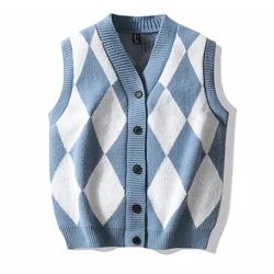 Men's Plaid Sweater Vest Sleeveless V-Neck Button Cardigan Vest Fashion Office Knitted Vest Classic Fit Tank Tops