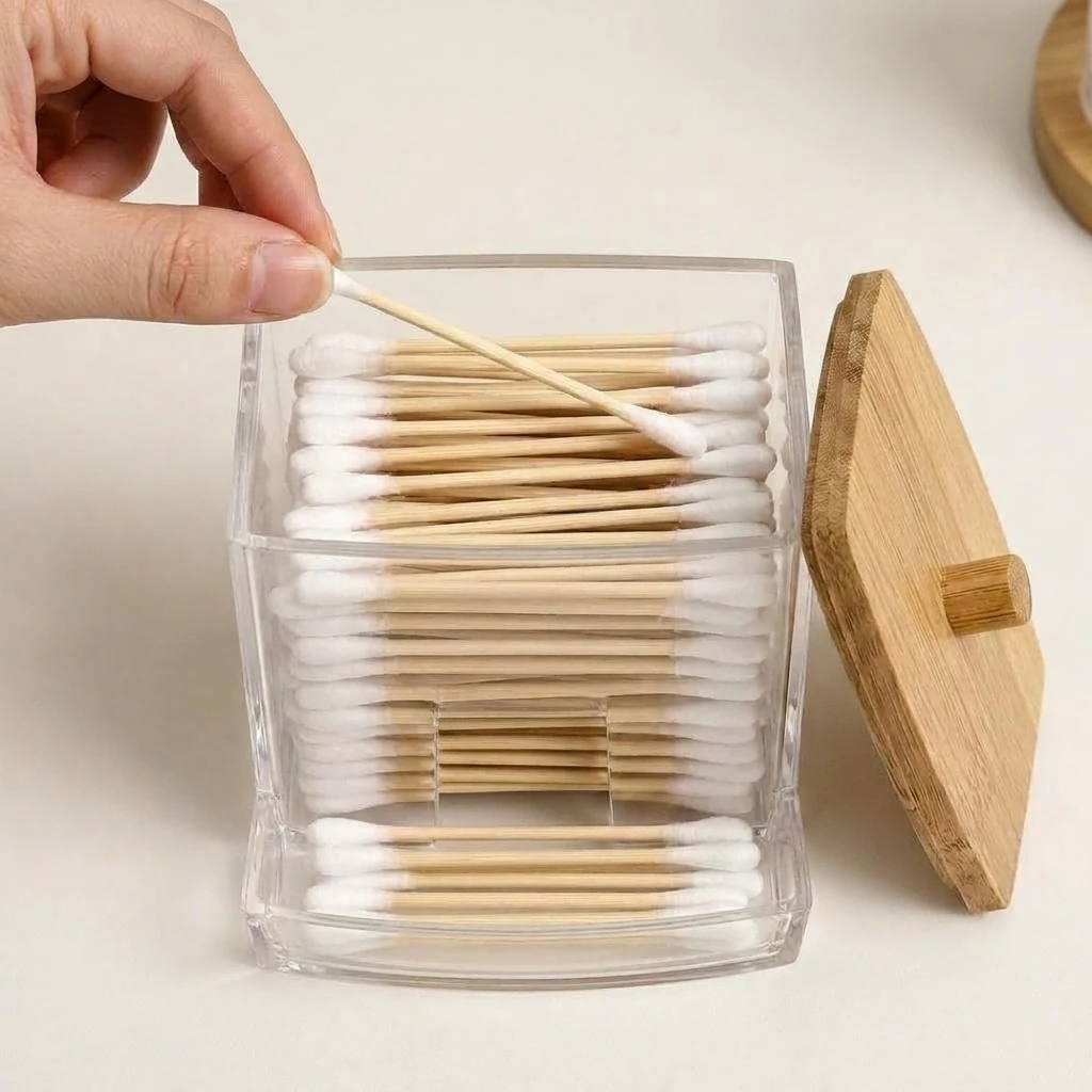 Acrylic Cotton Swab Holder with Bamboo Lid Clear Dispenser Bathroom Containers Canister Cotton Swab Holder Bathroom Accessories