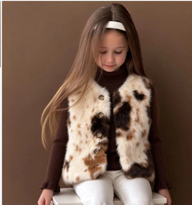 Girls Vest Solid Color Hooded Casual Top  2026 Winter New Girls Imitation Fur with Cotton Leopard Pattern