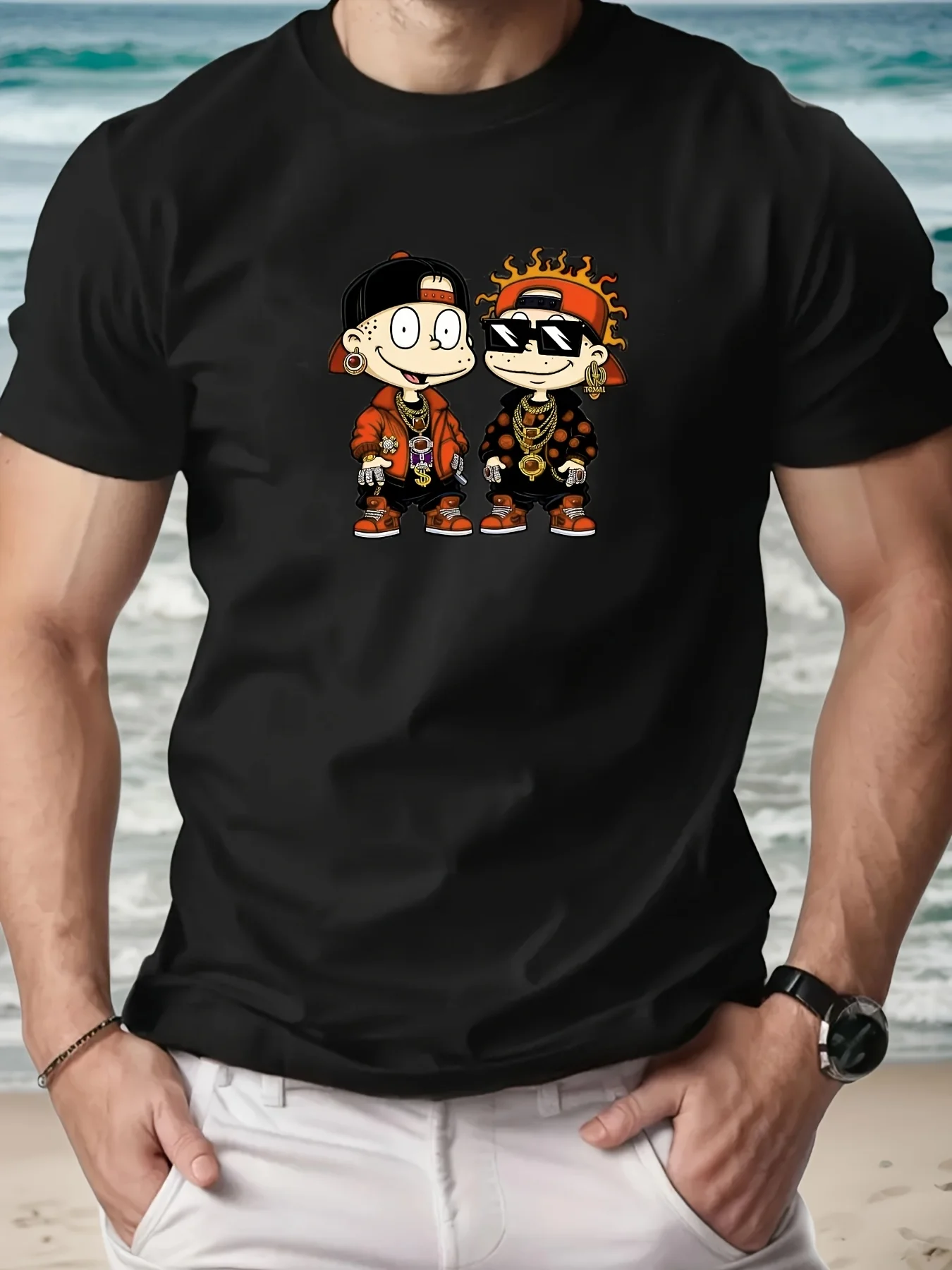 

Men's casual summer short sleeved T-shirt bright blue cartoon anime boy pattern round neck top adult regular version