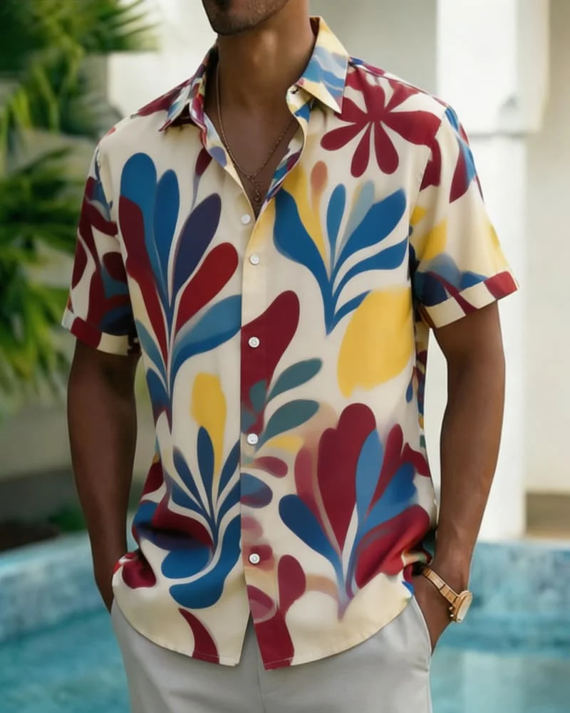 

Men's Trendy Abstract Floral PrintShirt, Unique Watercolor Design for Summer Fashion, Vacation Looks, Casual Wear & Street Style