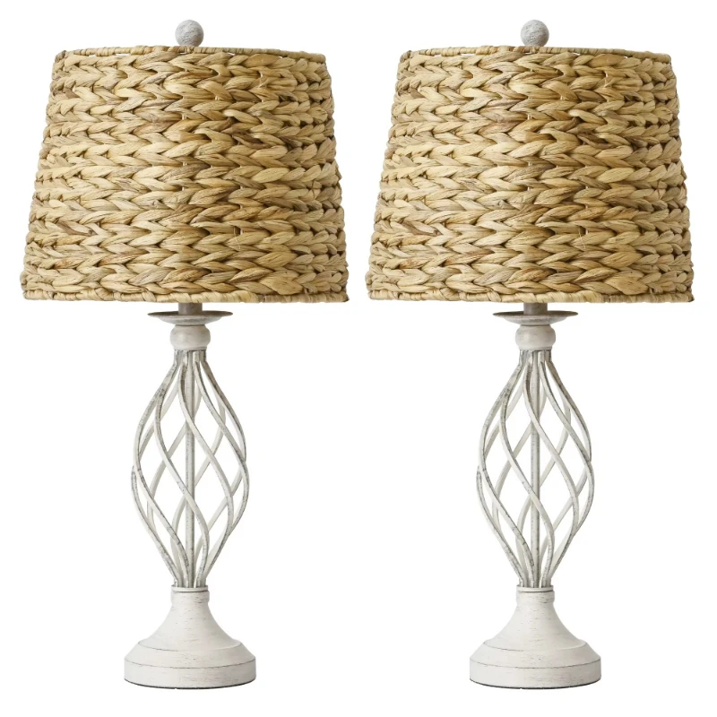 Two-piece 26-inch desk lamp with woven lampshade, white metal base, rotary switch, E26 socket, without bulb