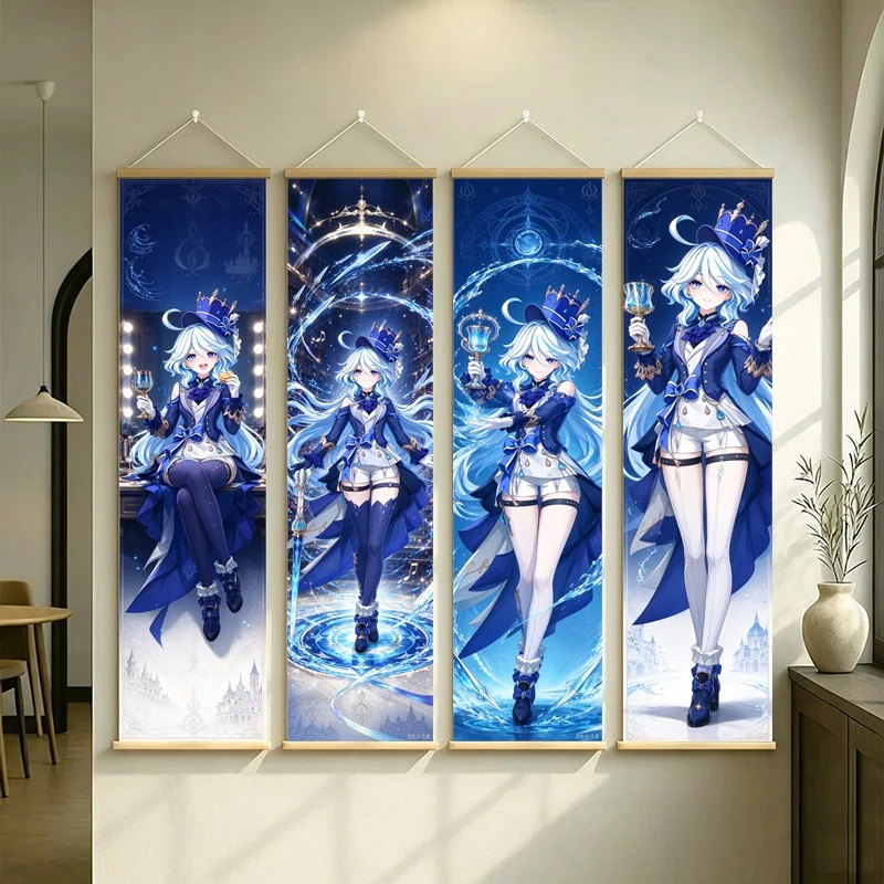 Hanging Scroll Wall Art of Genshin Impact Furina in Regal Blue Fantasy on Silver Shimmer Canvas for an Anime Bedroom
