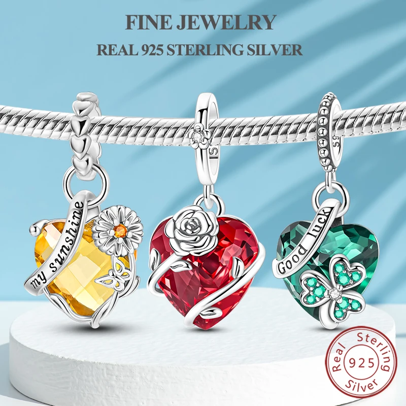 

Original Charm Bead Pendant Real S925 Sterling Silver Heart Rose Clover Sunflower Charm Fit Bracelet Necklace Woman Fine Jewelry