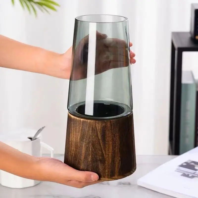 Vase Nordic Style Smoky Gray Glass With Solid Wood Base Home Decor For Living Room Desktop Fresh Dry Flower Arrangement