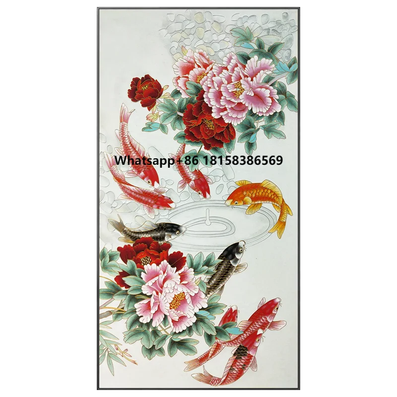 

Chinese Painting Nine Koi Fish Gather Wealth and Precious Peony Flower LANDSCAPE Hand Paintings