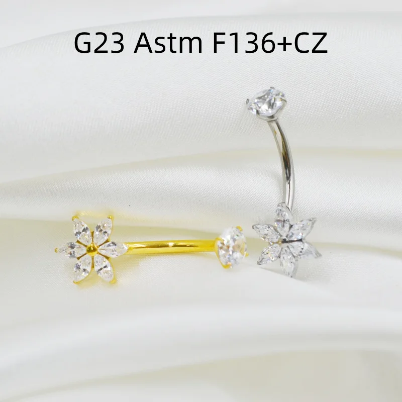 10PCS Body Jewelry-G23 Titanium Astm F136 Flowers CZ Navel Belly Button Bar Body Piercing 14G  Curve Barbells Rings