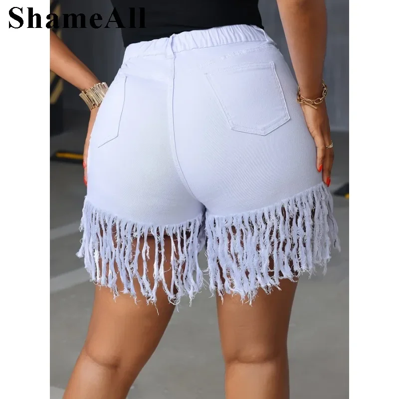 Pantalones vaqueros cortos blancos con borlas sexis de talla grande 4XL pantalones cortos de mezclilla blancos con cintura media elástica de verano para mujer