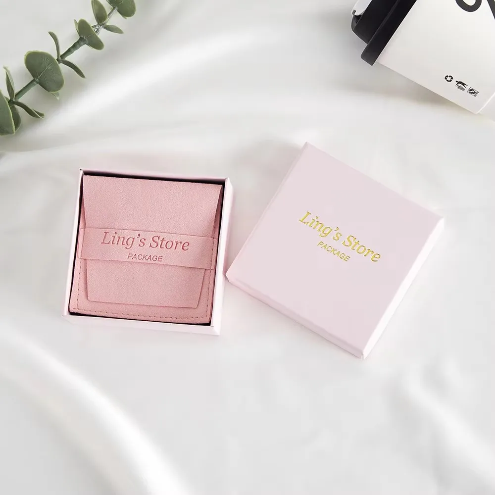 

24/50/100Set Custom Logo 9x9x3cm Jewelry Paper Box With 8x8cm Microfiber Bag and 7x7x3cm Lid Boxes Insert 6.2x6.2cm Strip Bags