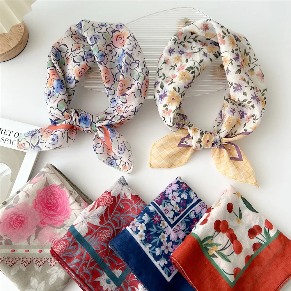 55cm dziewczęcy lniany bawełniany wiosenny letni kwadratowy szalik dla kobiet koreański szykowny pałąk moda dekoracyjna opaska do włosów kwiatowy szalik na szyję