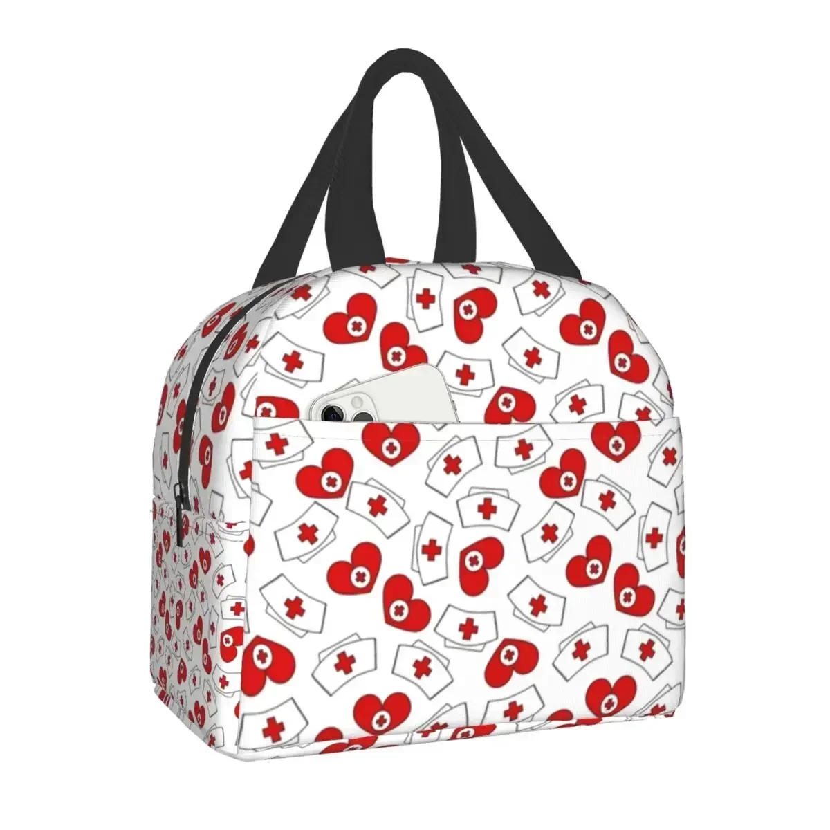 Nurse Hat Heart Pattern Insulated Lunch Bags for Women Men Nursing Resuable Thermal Cooler Lunch Box for Work School Travel