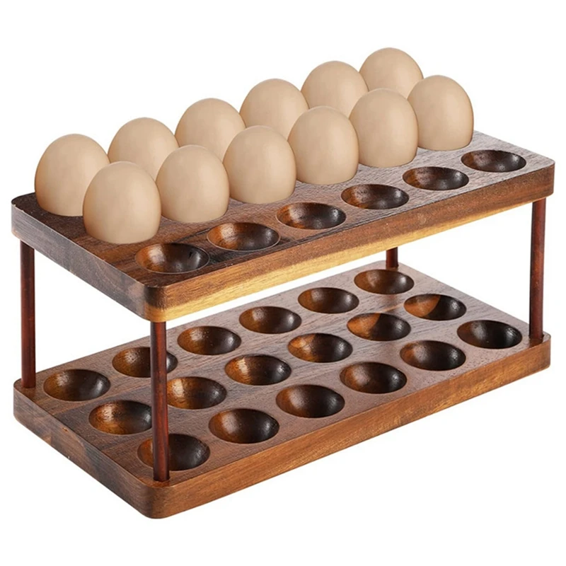 Wooden Double Layer Egg Holder, Kitchen 2 Tier Fresh Egg Storage Rack Basket,Eggs Tray Organizer for Countertop Retail
