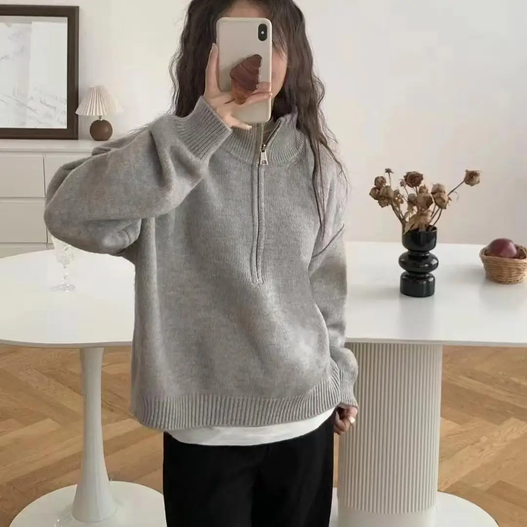 New Women's Turtleneck Zippers Fashion Women Sweaters Solid Loose Pullover Long Sleeve Casual Knitted Sweater Woman Winter 2026
