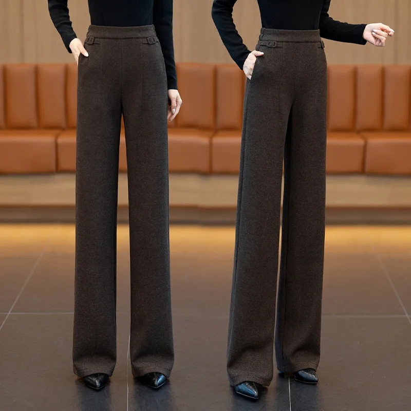 여성을 위한 패션 트렌드 다용도 울 와이드 레그 팬츠, 새로운 가을 및 겨울 스타일, 우아한 출퇴근용 하이웨이스트 슬림핏