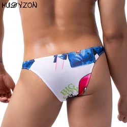 Nowe męskie majtki z nadrukiem Bikini bielizna gejowska mężczyźni Sissy bielizna Mesh oddychająca Ropa Interior Hombre męskie Mini majtki Cueca