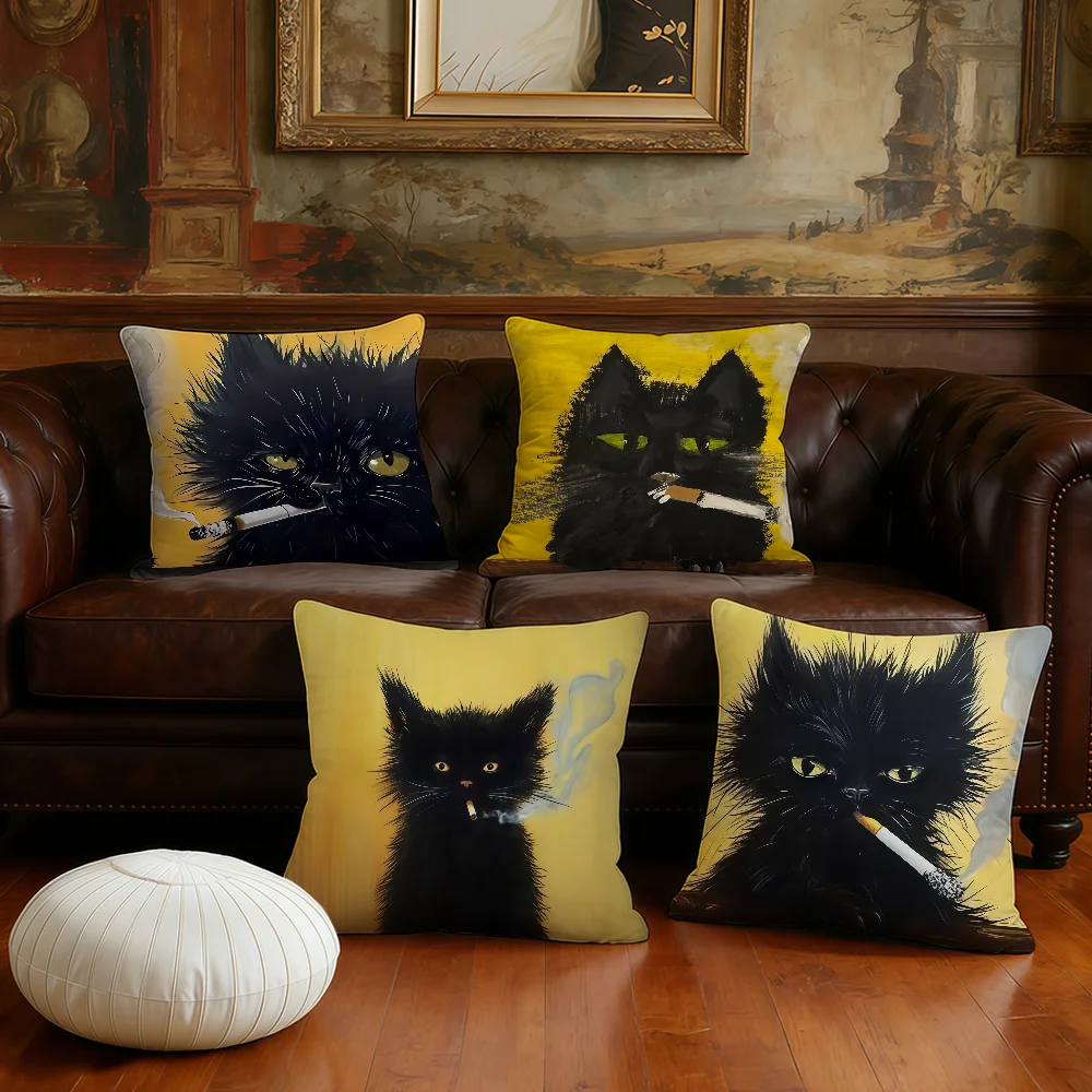 Black Cat with Cigarette cushion cover Pillow Case Plush Fabric Soft Double Sided Print Sofa Cushion Cover Throw Pillow Covers