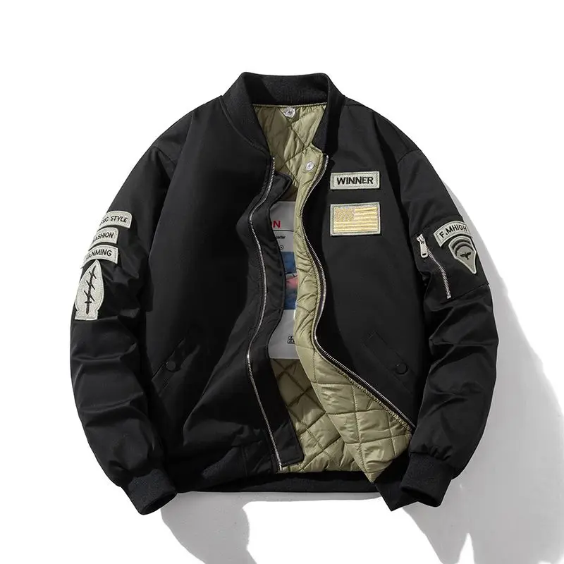 

Loose Thiened Baseball Jaet with Embroidered Bae for Men And Women Autumn Winter Pilot Sle Cotton Coat Windproof V-Ne