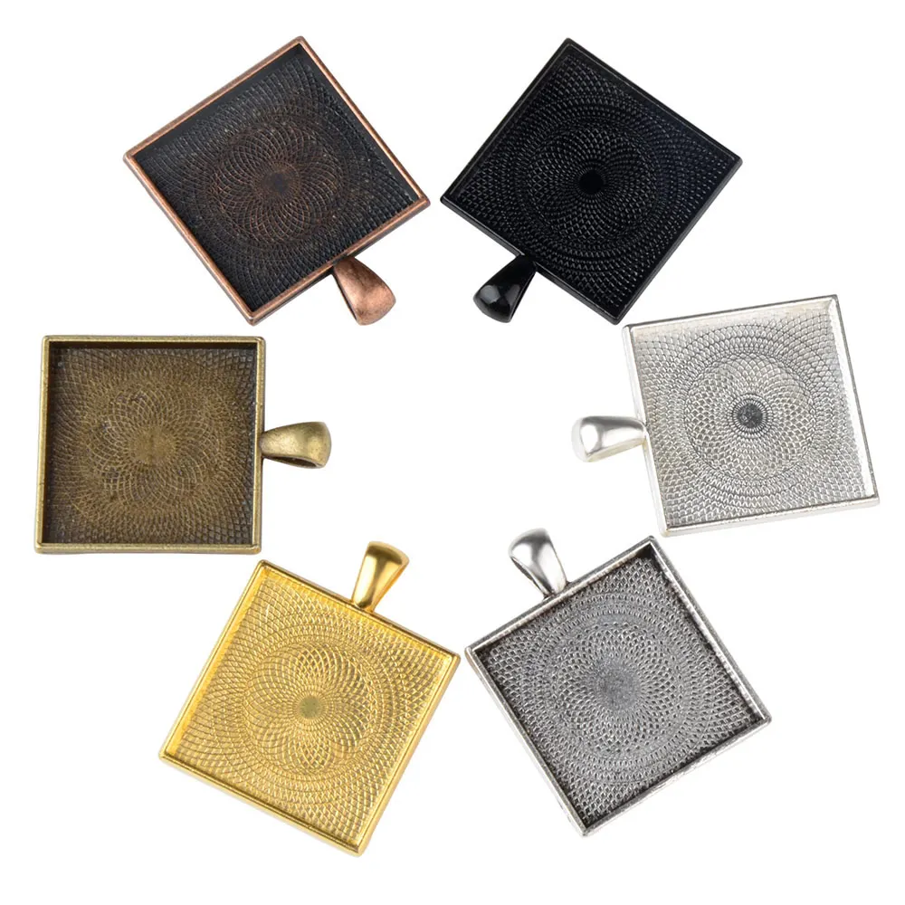 LFPU 25mm Square Cabochons Base Settings Antique Bronze Black Pendant Bezel Tray For DIY Glass Cabochon Necklace Making