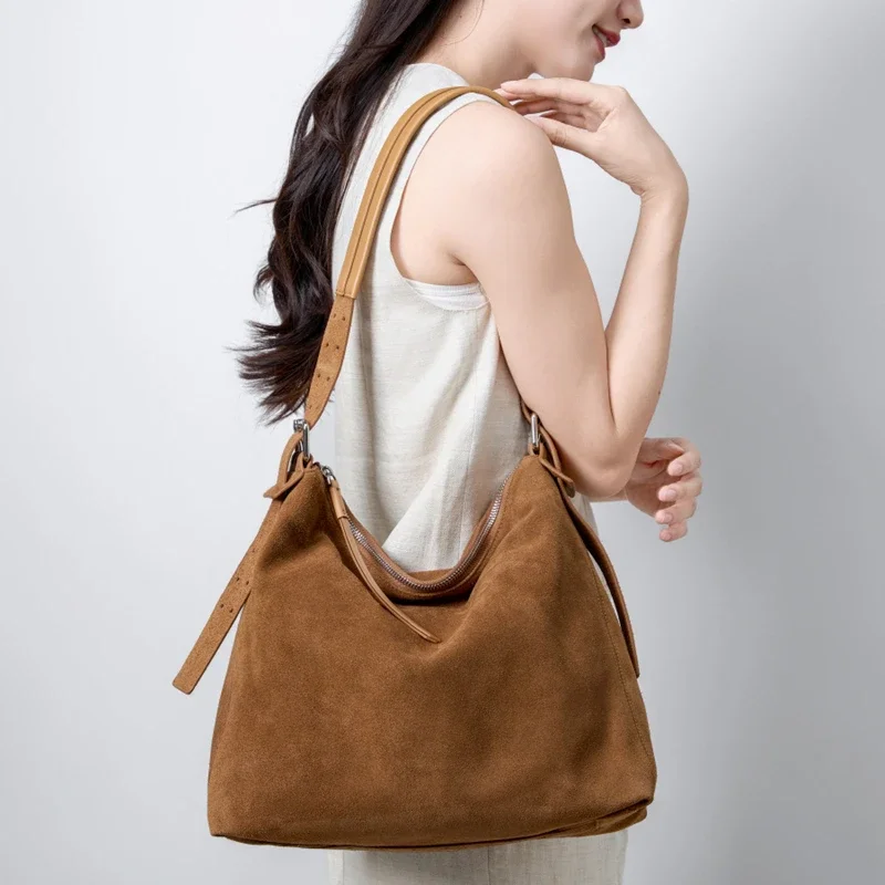 Simple Autumn Winter Colletion Grey Brown Roomy Big Boston Tote Soft Matte Suede Cow Leather Women's Handbag Shoulder Bag