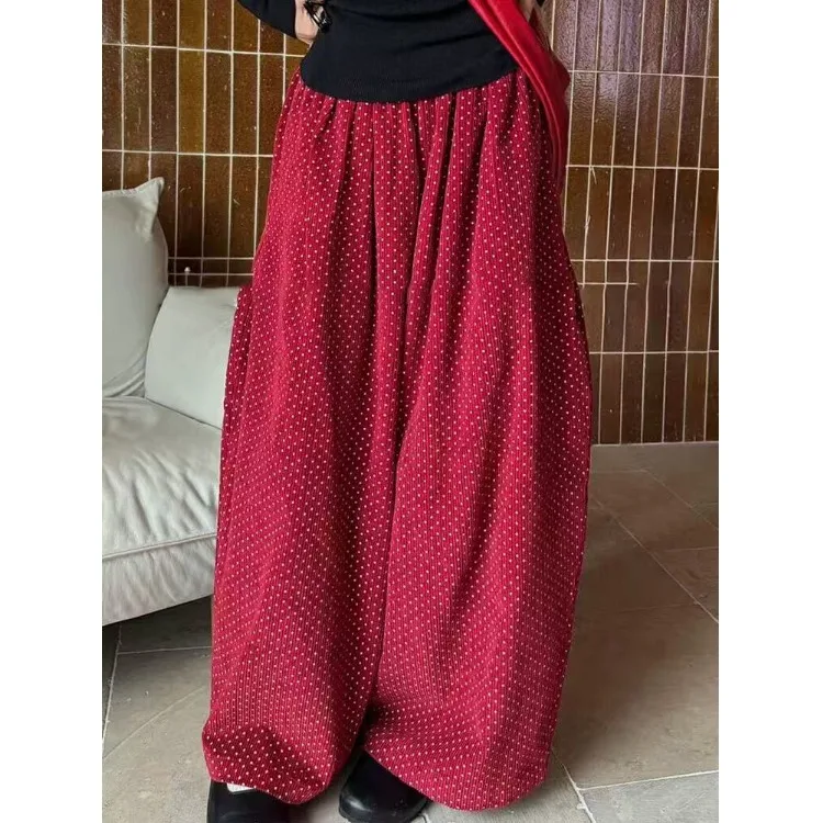 Pantaloni di velluto a coste a vita alta Pantaloni casual a gamba larga a pois rossi da donna Autunno Inverno Dimagrante Versatile Cotone confortevole