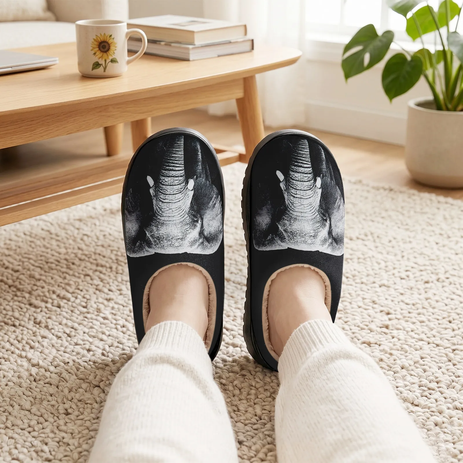 Women's Fuzzy House Slippers Memory Foam Elephant Animal Print Black Warm Cozy Indoor Outdoor Slip On Non Slip Bedroom Shoes for