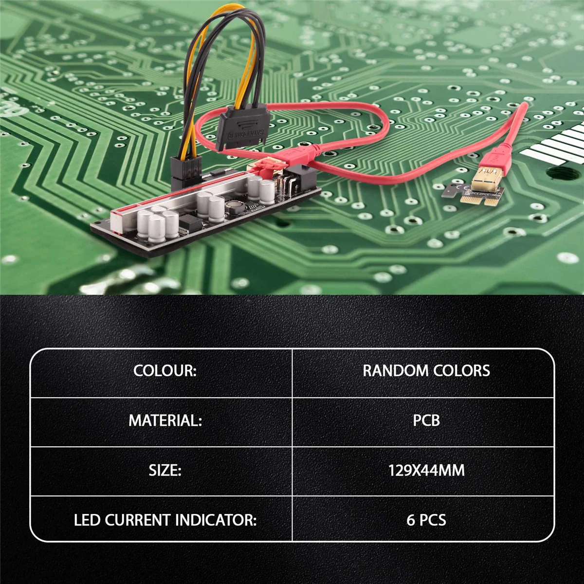 6PCS VER009 Plus SATA Card Adapter with LED Light 8 Solid Capacitors PCIE 1X to 16X PCIE Riser Card USB 3.0 Cable