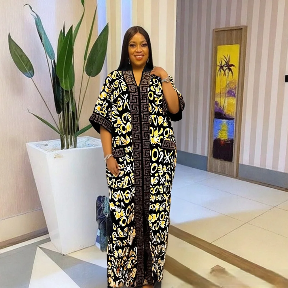 

2025 New Fashion Rhinestone Party Robe African Summer Print Women's Plus Size Dress