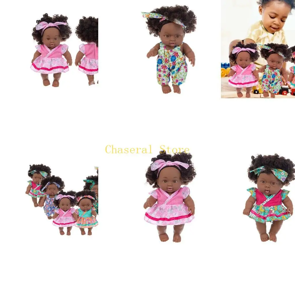 

E7CE 20cm Newborn Girl for Doll Christmas Gift Toy American Black for Doll Handmade Silicone Vinyl Curls