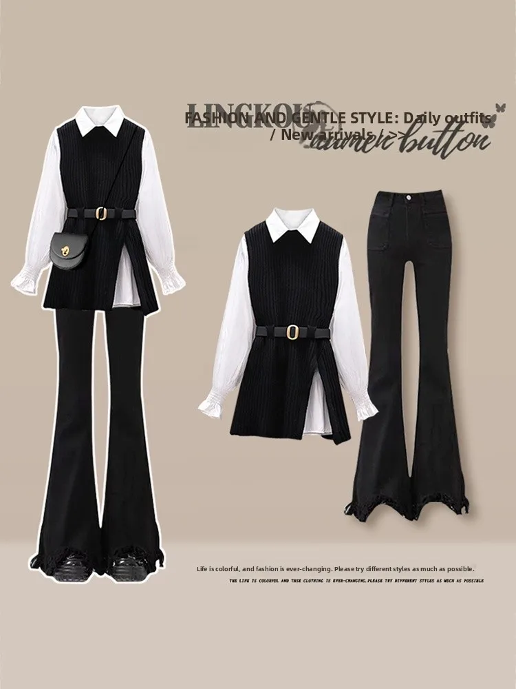 

plus Size Autumn Winter Professional Style Women's Fashion Set with Vest Shirt Slimming High Waist Jeans Three Piece Suit