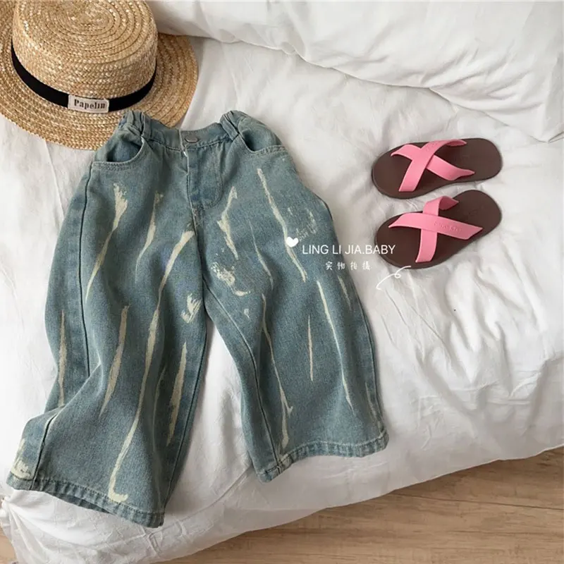 

2-7Y Girls Wide Leg Cargo Jeans Spring Summer Fashion Kids Casual Denim Pants Children Straight Baggy Trousers