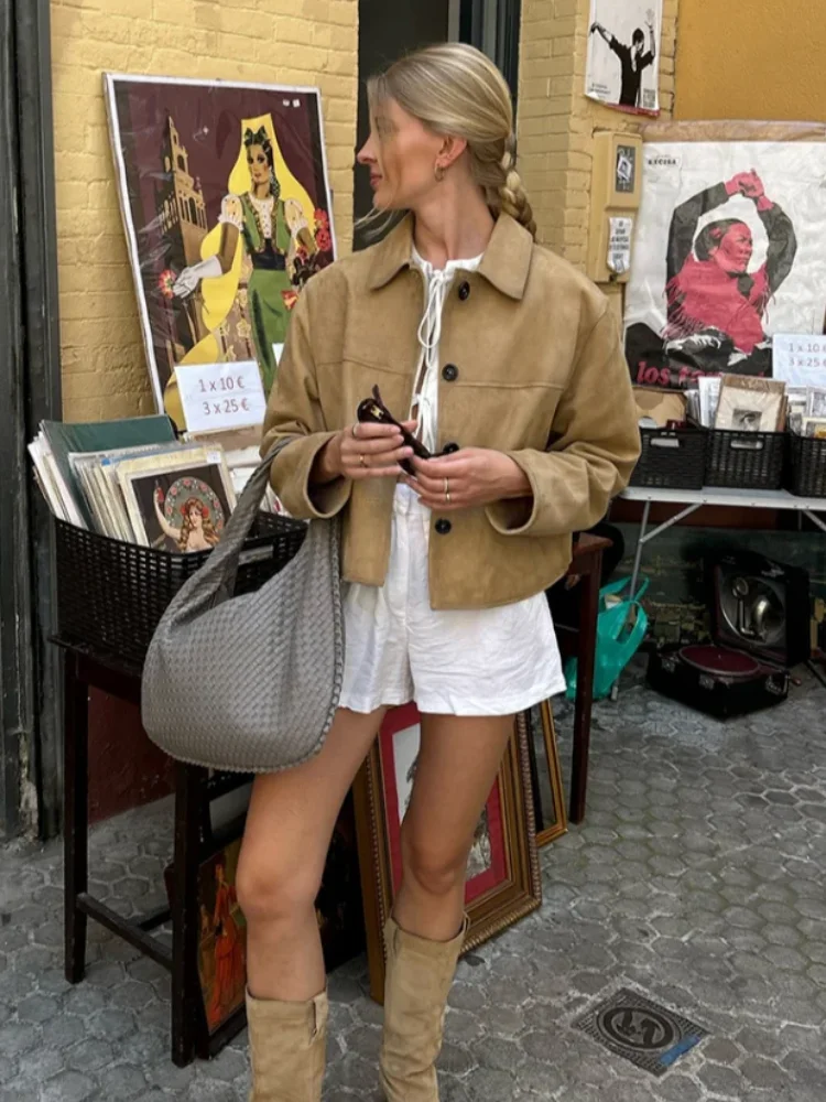 

Fashion Women's Khaki Deer Fur Coats Casual Loose Short Jacket Lapel Collar Single Breasted Pocket Stylish Daily Outerwear 2025