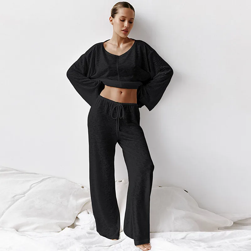 

Sexy Fashionable Knitted Long Sleeved Pajamas Women Friendly Home Clothes Cotton Sleepwear Set Spring Summer Nightwear Pijama