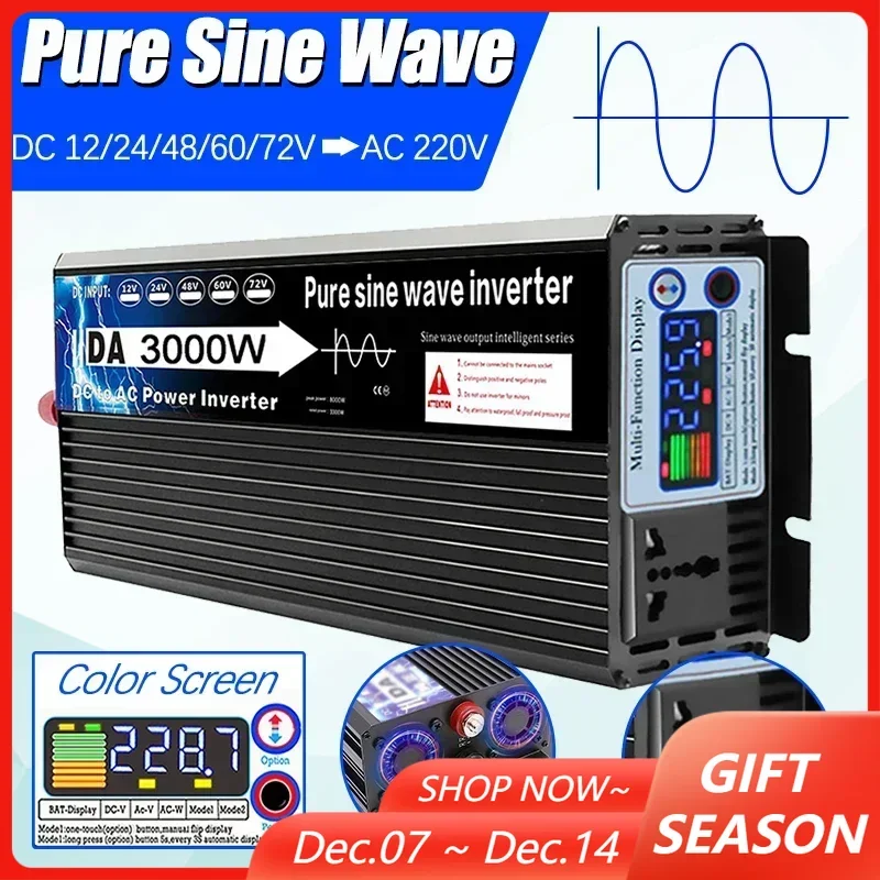 

3000W Pure Sine Wave Inverter DC TO AC Power Inverter 12/24/48/60/72V TO AC 220V Voltage Converter for Car Home Charger Adapter