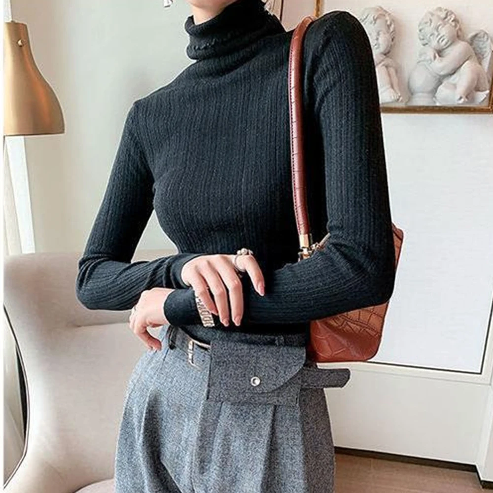 

Long Sleeve Shirts Women Fungus Line Irregular Hem Knitted Slender Bottoming Tee Chic Fashion Solid Knitting Sweater A RAN A YUE