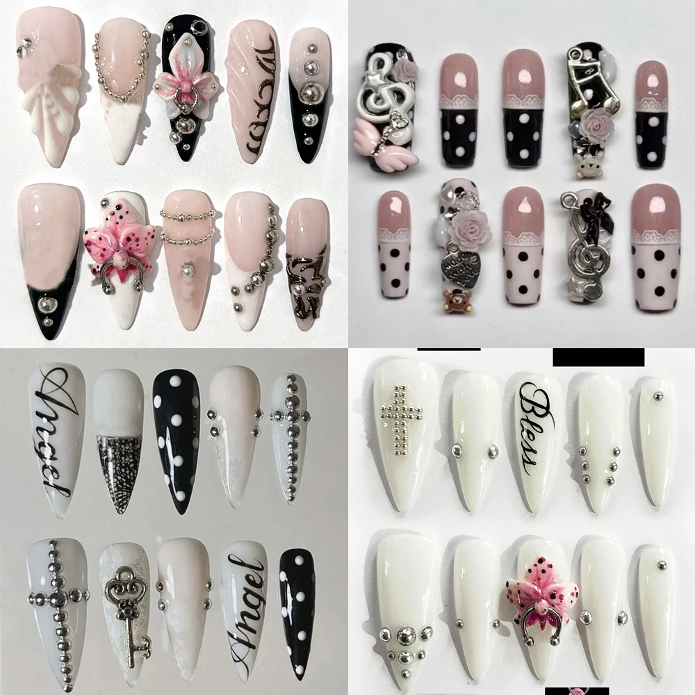 

10Pcs Y2K Stiletto 3D Flower Punk Bolt Press On Nails English Letters Steel Ball Fashion High-End Handmade Fake Nails