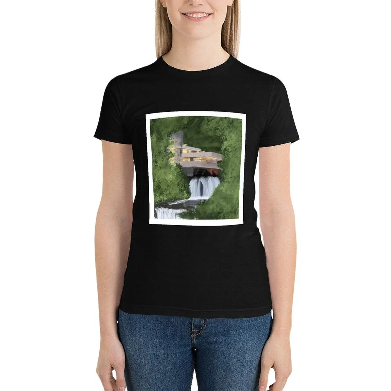 

Fallingwater Illustration T-Shirt summer tops kawaii clothes shirts graphic tees Women's cotton t-shirt